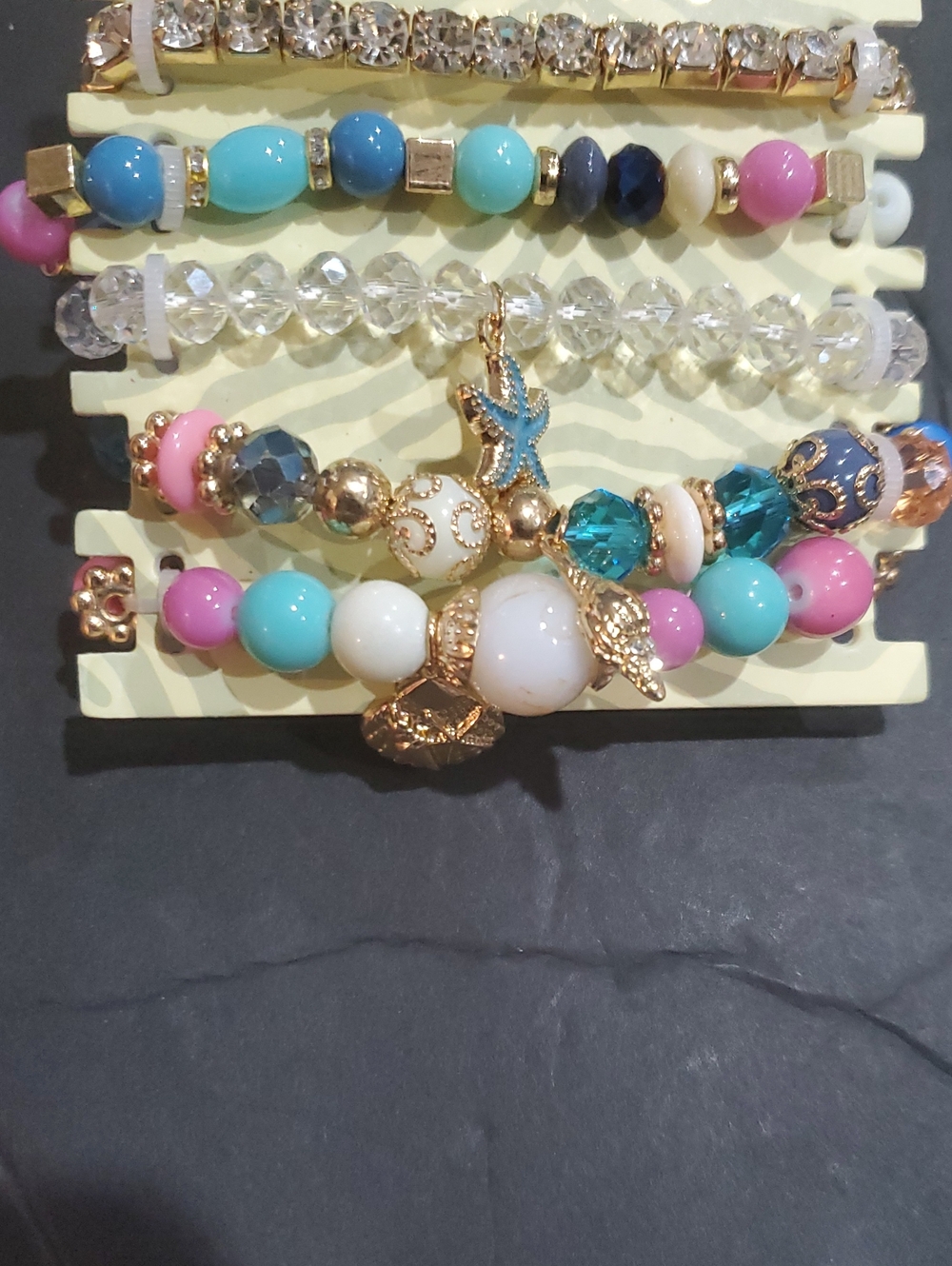 5piece turquoise pink cubic zirconia seashell starfish stacked stretchy bracelet